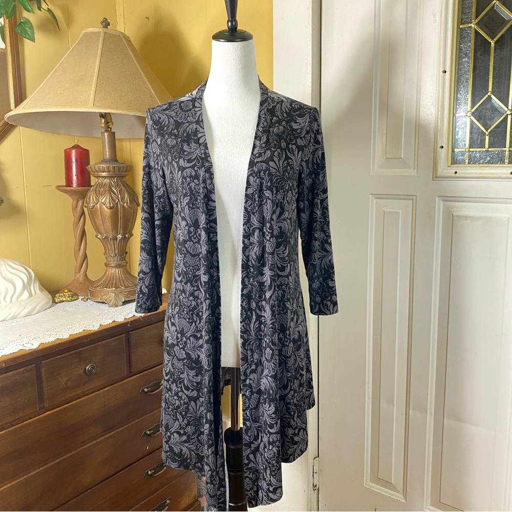 Soma Womens Open Front Drape Cardigan Scroll Print Black Gray Print Medium